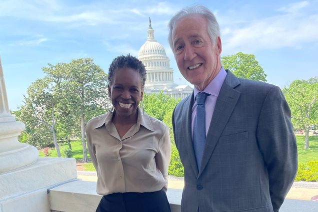 Photo: BU President Melissa Gilliam (left) and MA Representative Richard Neal posing together