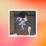 Image: A cartoon character with a long nose and blue skin, resembling Squidward from SpongeBob SquarePants, is wearing a black graduation cap with a yellow tassel. The character has large, teary eyes and is holding what appears to be a diploma or certificate. The background is blurred with shades of orange and pink.