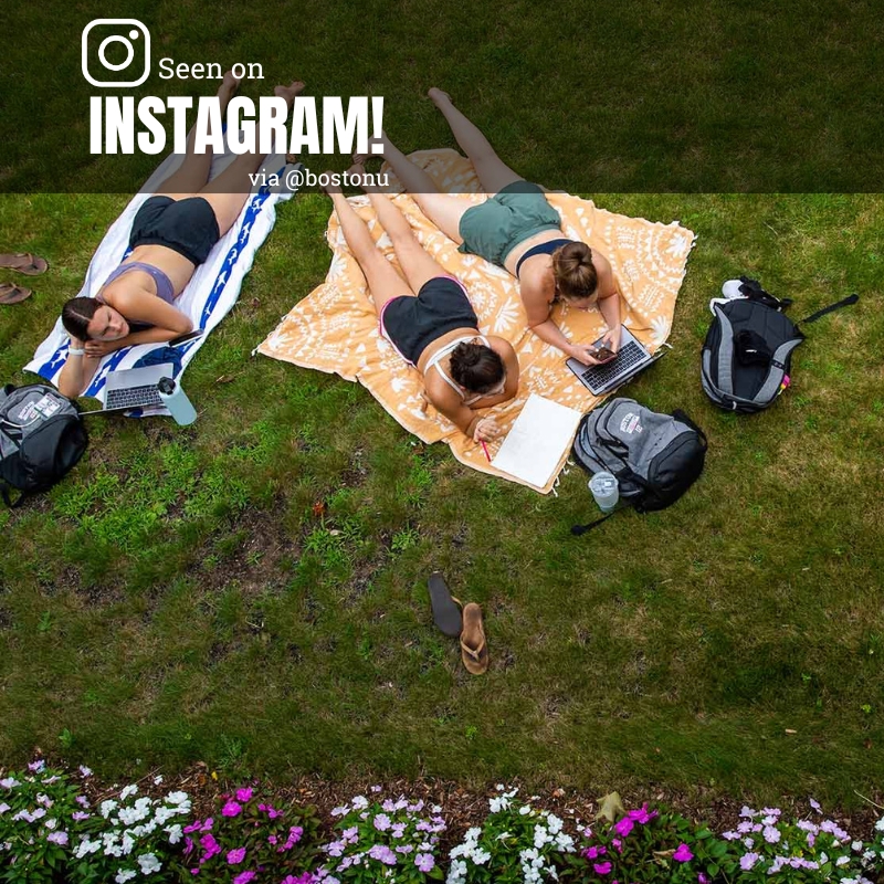 Photo: Students lounging outside on a sunny day with laptops. Text overlay reads "Seen on Instagram!"