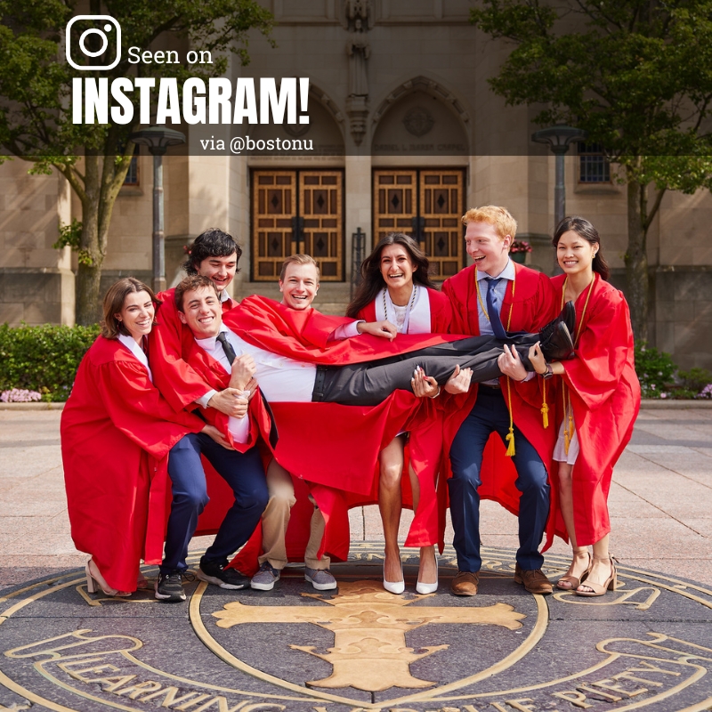Photo: BU students posing in their red graduation robes on the Marsh Chapel seal. Text overlay says "Seen on Instagram! via @bostonu"