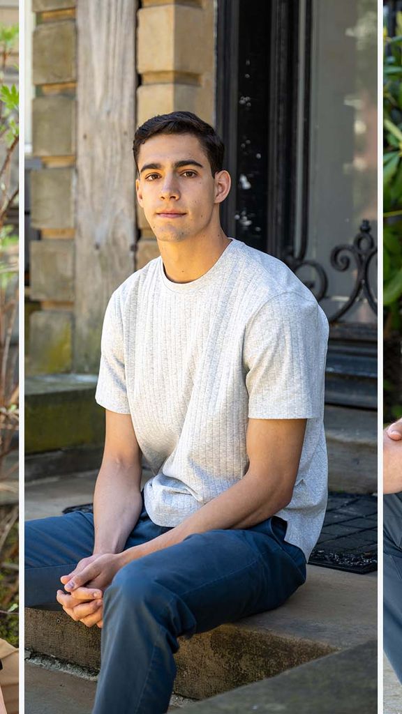 Image: A collage of three men: one the left, a white man with a blue shirt, a man with a white shirt on steps, and on the right, a white man with gray shirt.