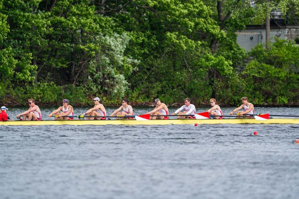 The men’s rowing varsity 8+ boat competing during the Eastern Sprints race May 18 on Lake Quinsigamond in Worcester, Mass. The men’s team has placed 10th in the IRA National Championship Regatta in the last three seasons. Photo by Eliza Nuestro/BU Athletics
