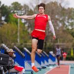 Ryan Rosenberger (Questrom’25) at the long jump event at the Duke Invitational, April 11. The men’s and women’s teams will compete for the Patriot League Outdoor Championship this weekend in Worcester, Mass. Photo by Peyton Williams/BU Athletics