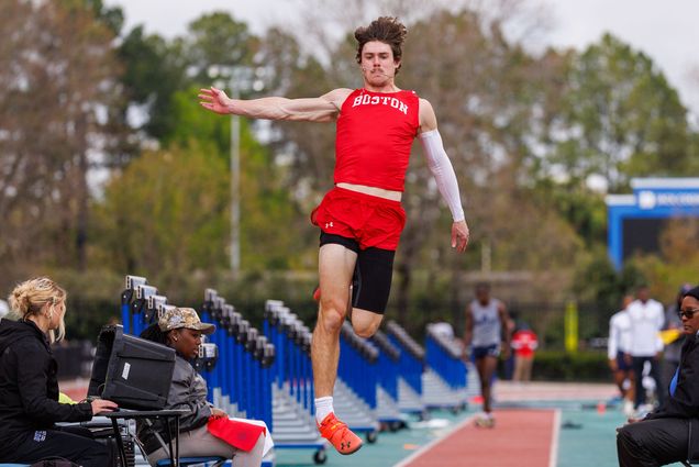 Ryan Rosenberger (Questrom’25) at the long jump event at the Duke Invitational, April 11. The men’s and women’s teams will compete for the Patriot League Outdoor Championship this weekend in Worcester, Mass. Photo by Peyton Williams/BU Athletics