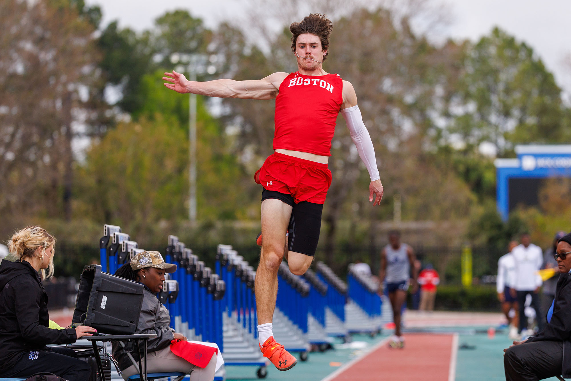 Ryan Rosenberger (Questrom’25) at the long jump event at the Duke Invitational, April 11. The men’s and women’s teams will compete for the Patriot League Outdoor Championship this weekend in Worcester, Mass. Photo by Peyton Williams/BU Athletics