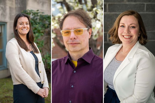 Photo: A collage of three images. On the left, a white woman with long brown hair poses outside in front of top a flowered tree, in the center, a white man wearing yellow-tinted glasses and a purple button up, and on the right, a white woman with shoulder length brown hair poses outside.