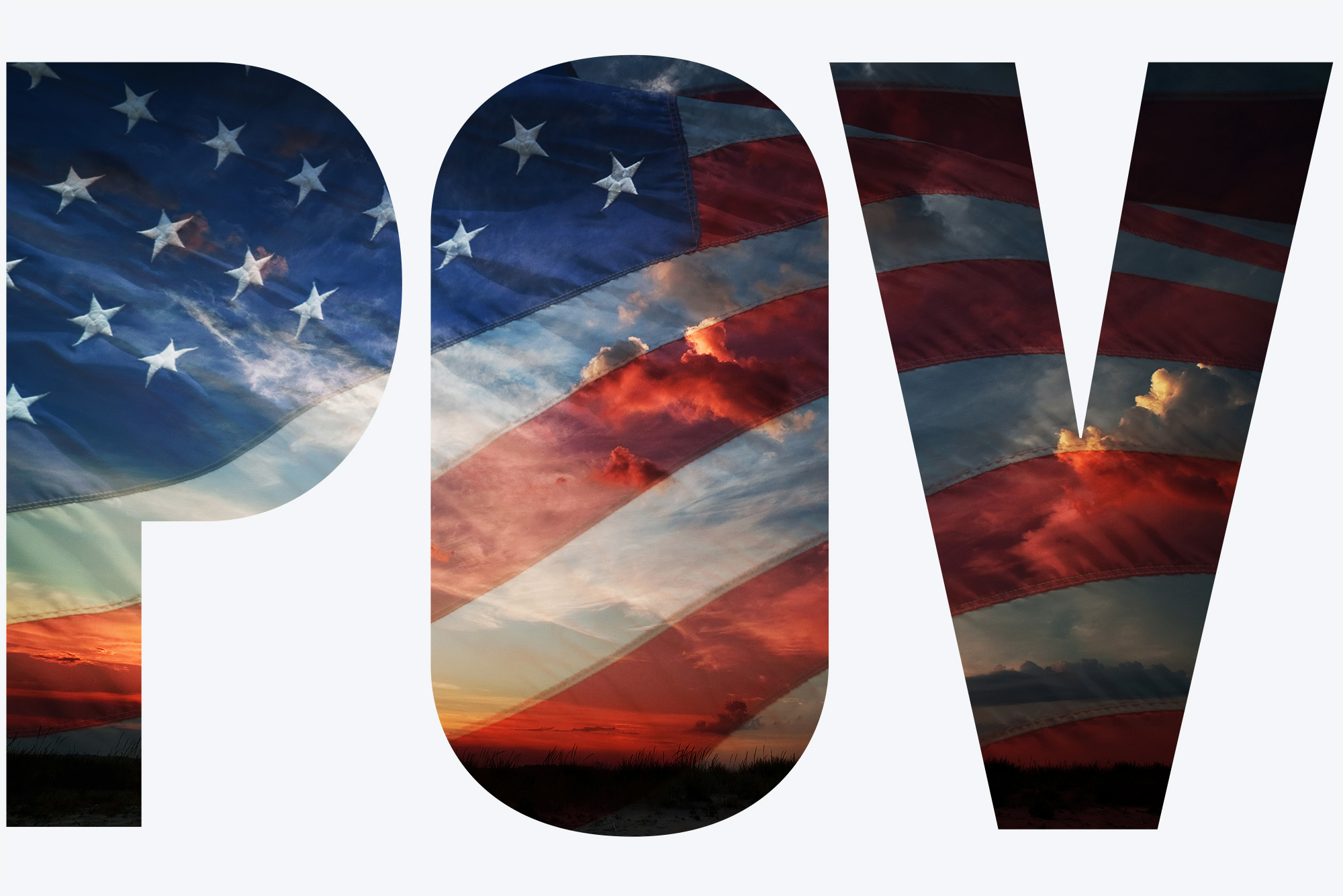 Photo: An American flag overlayed across an open sky with a sunset in the background. The letters "POV" appear as an overlay on the image