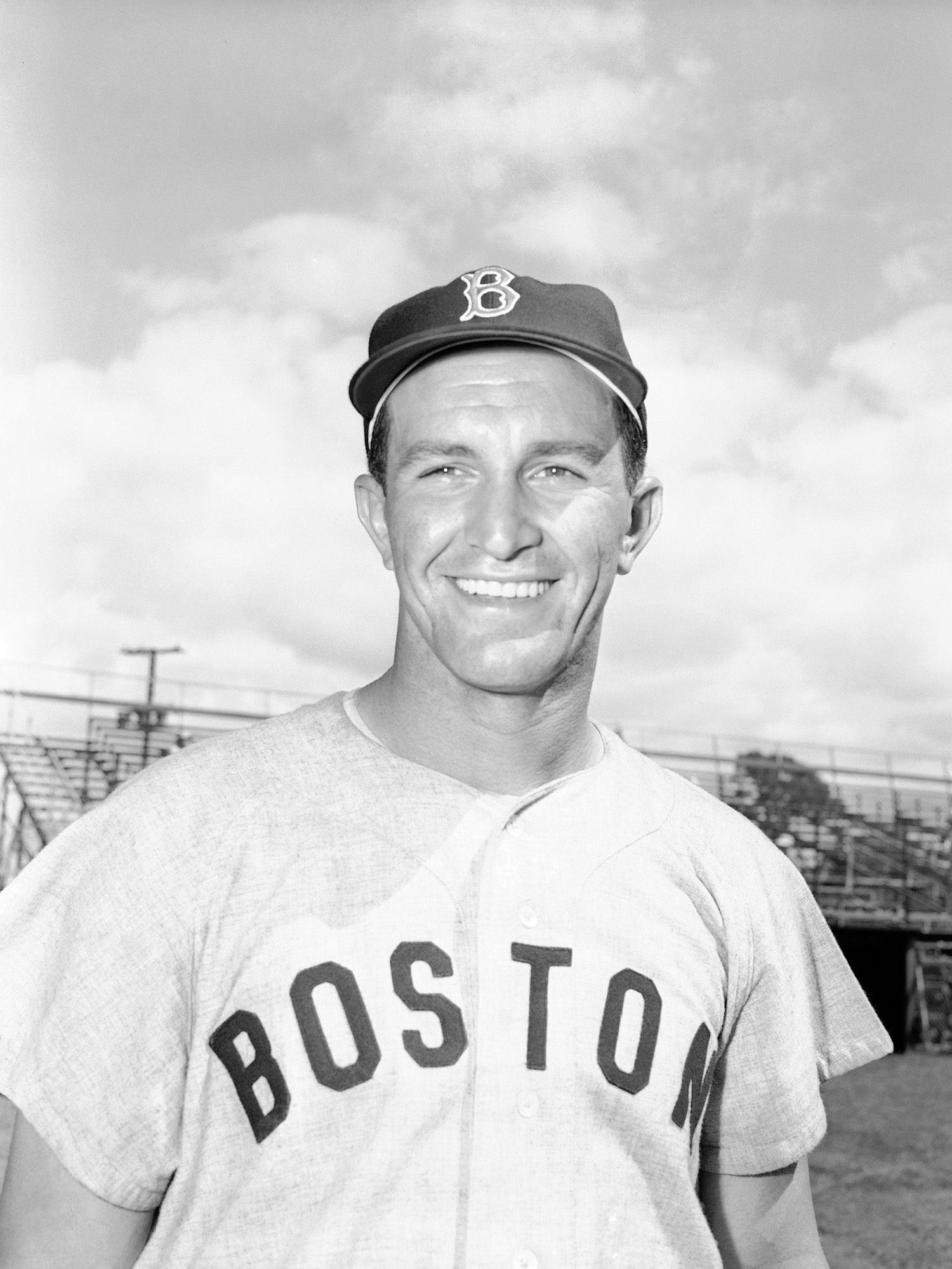 Photo: A black-and-white photo of Harry Agganis in his Boston Red Sox uniform smiling