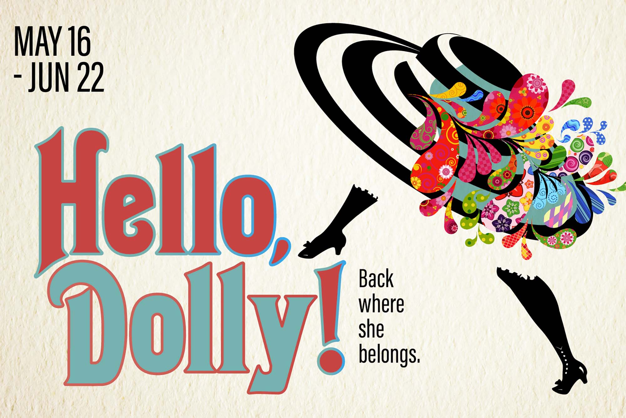 Image: A graphic with the title "Hello, Dolly!" and a image of graphic with legs and a dress in silhouette.
