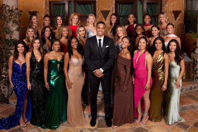 Photo: Contestants from The Bachelor's 29th season wearing long gowns and posing