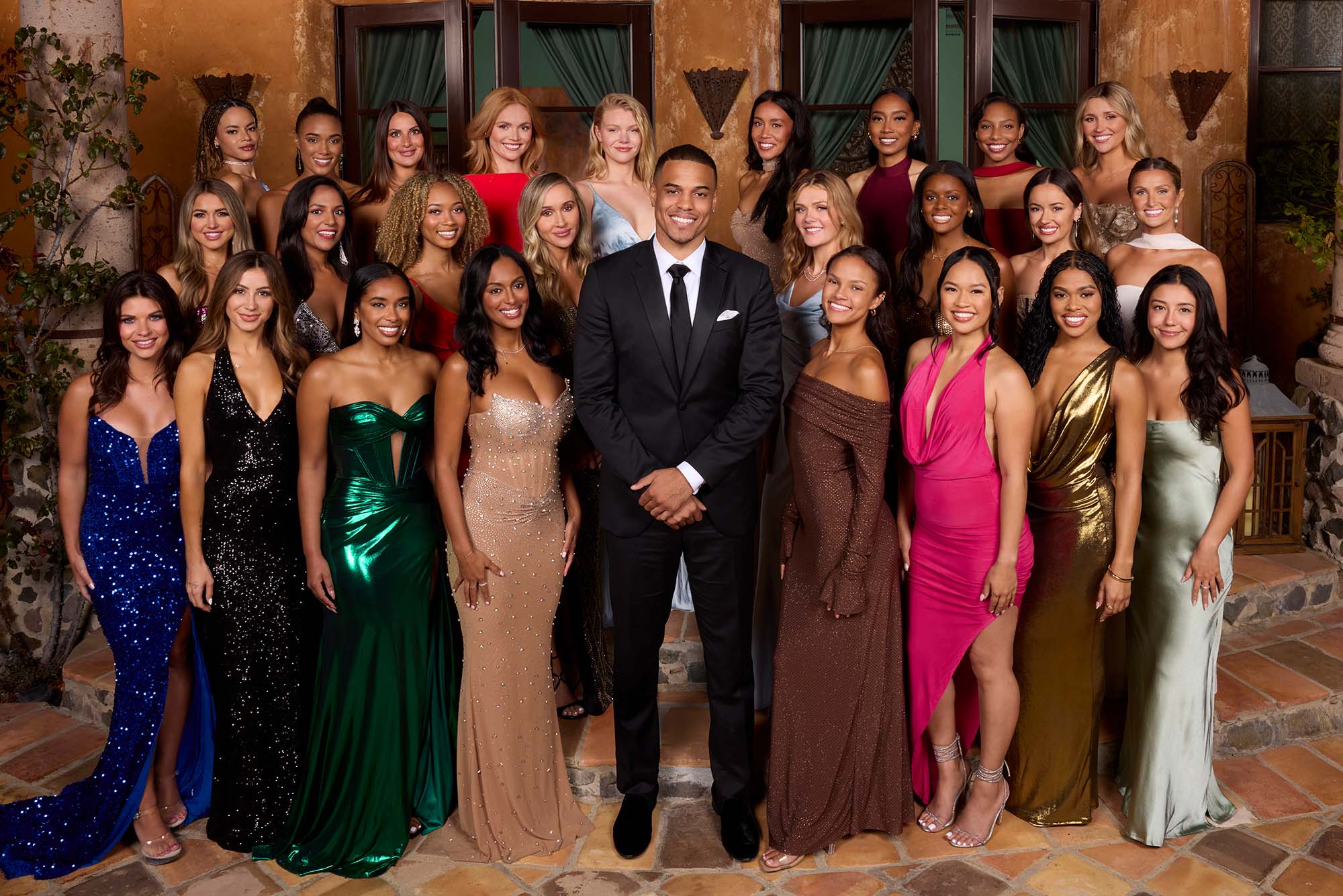 Photo: Contestants from The Bachelor's 29th season wearing long gowns and posing