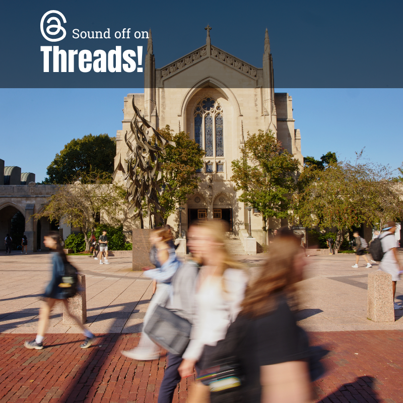 Photo: College students walk on Boston University's campus. Text overlay reads "Sound off on Threads!"