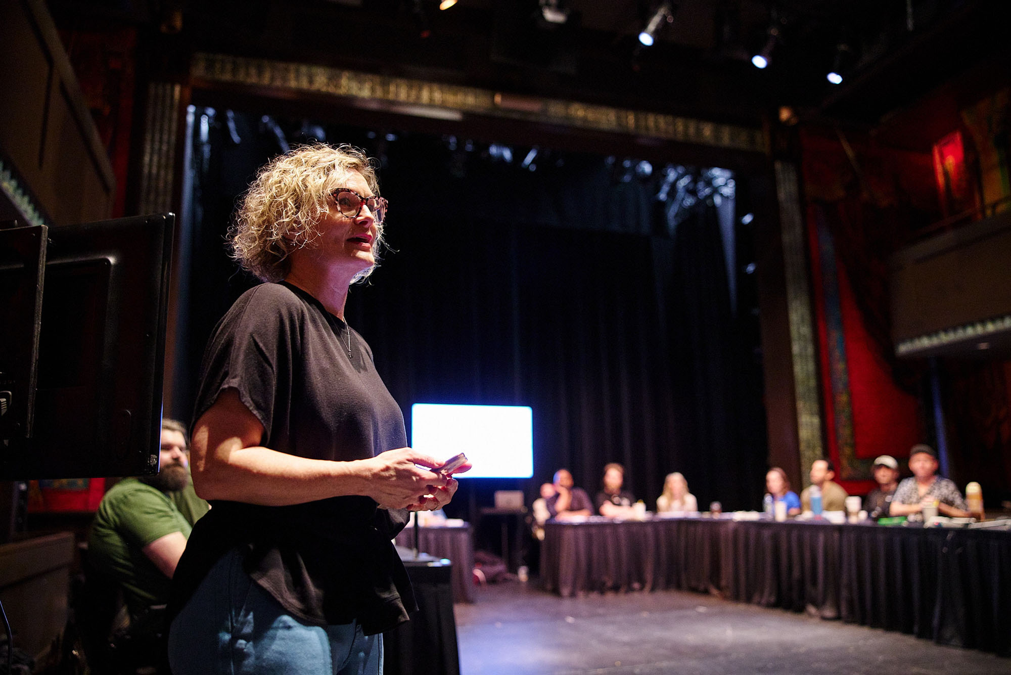 Photo: Bryn Boice (CFA’16) addressing the company of As You Like It.
