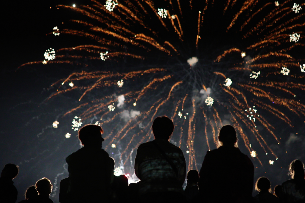 Group of silhouettes watch a nighttime fireworks show in the sky.