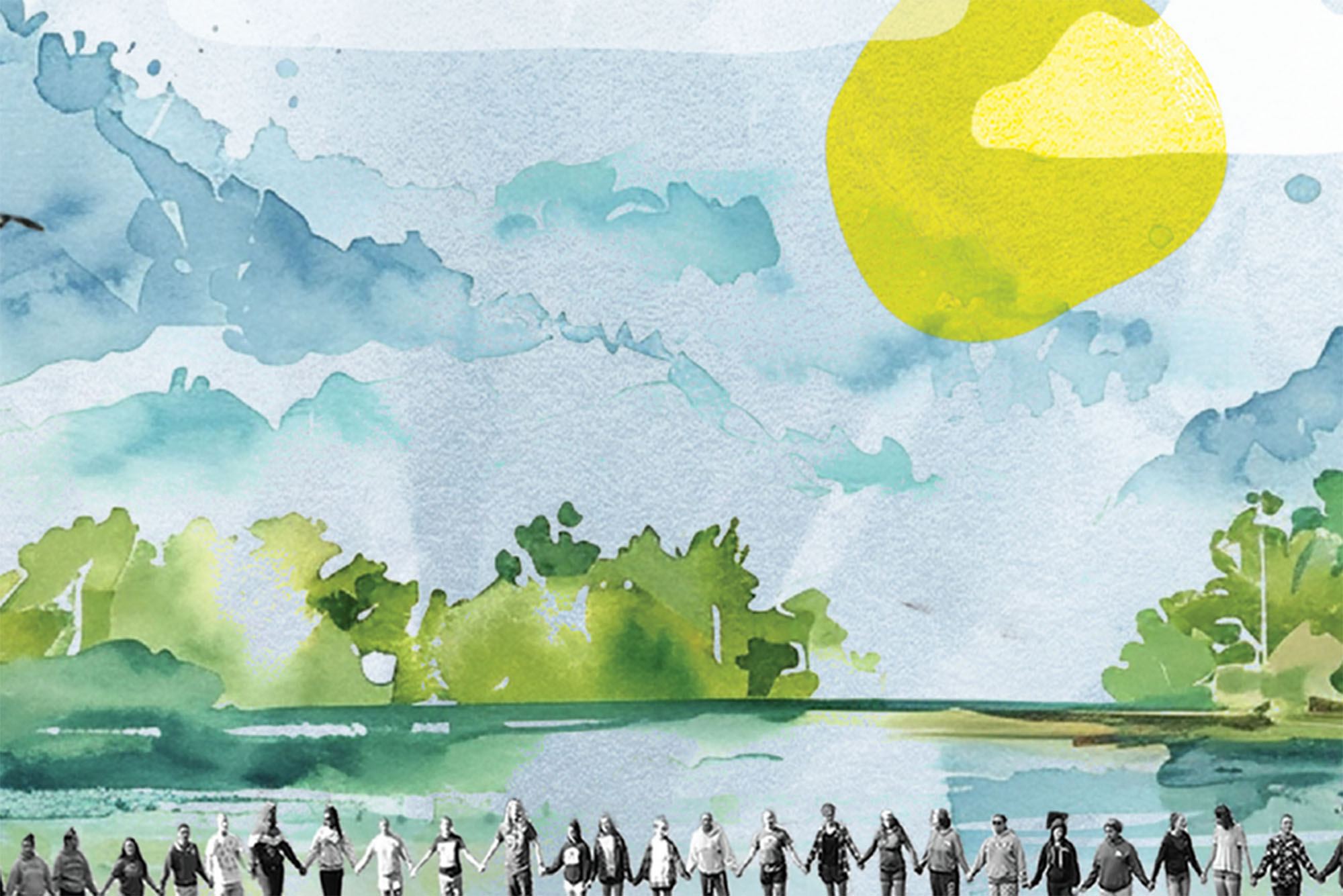Photo: A watercolor picture of a lake with trees surrounding it and a big, yellow sun in the righthand corner. There are silhouettes of people holding hands at the bottom of the page