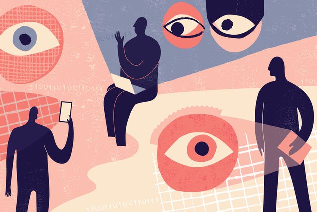 Illustration of various large eyes viewing a person sitting in public