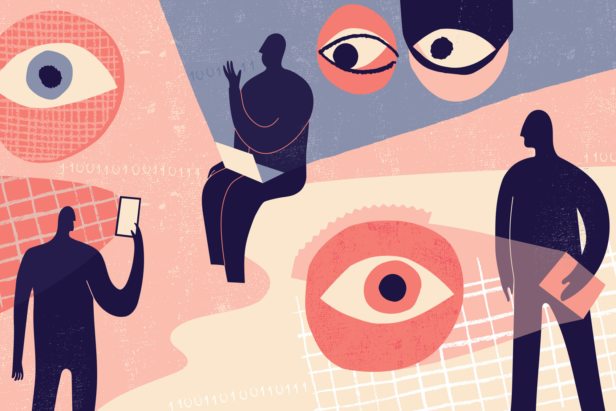 Illustration of various large eyes viewing a person sitting in public