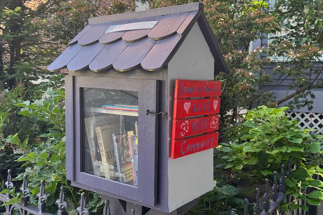 Photo: A little home with boxes inside: a free little library for the community.