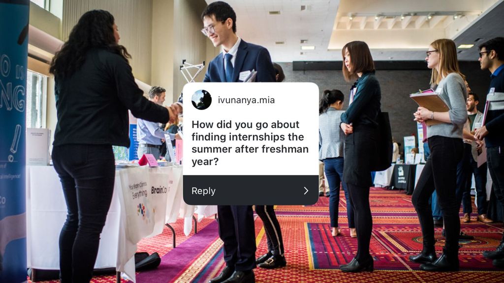 A bustling indoor career fair takes place in a well-lit space with patterned carpet and high ceilings. Students in business attire wait in line or approach tables staffed by recruiters, where informational pamphlets and company banners are displayed. Some participants hold resumes and folders, preparing to network with professionals. The overlay displays the question: “How did you go about finding internships the summer after freshman year?” from “ivunanya.mia.”