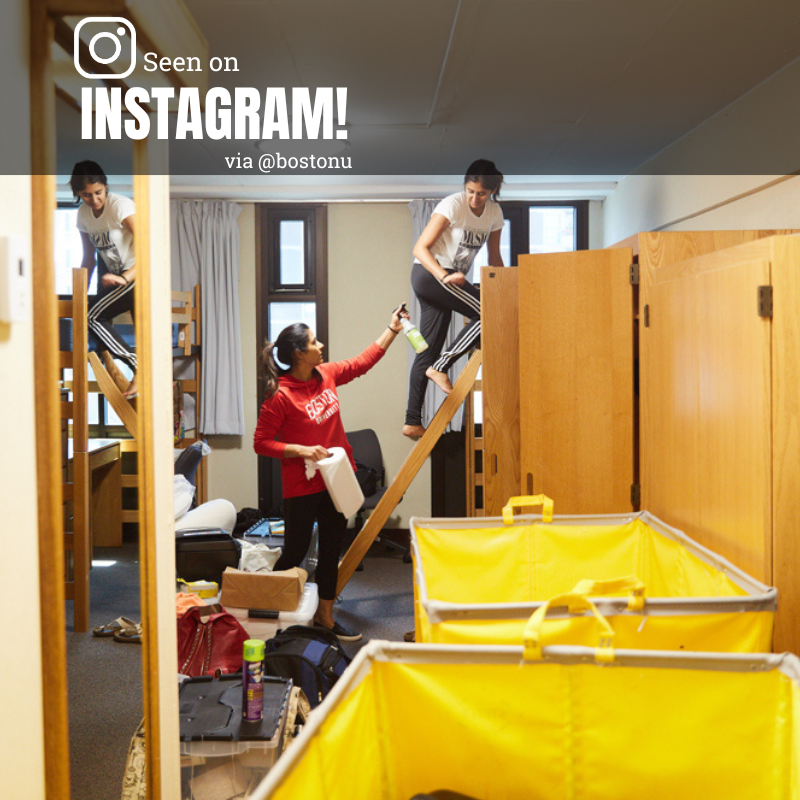 Photo: Students moving into a dorm at Boston University. Text overlay reads "Seen on Instagram! via @bostonu"