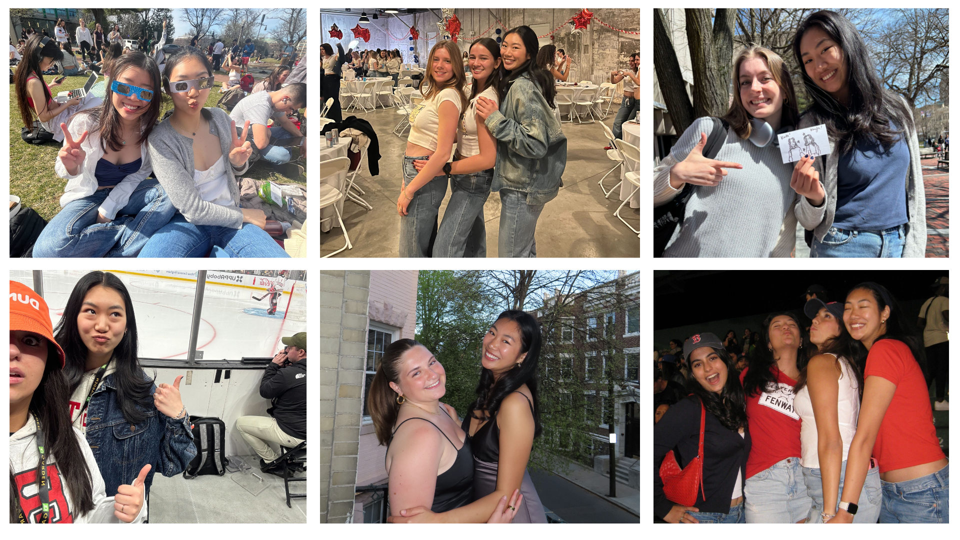 A collage of six photos shows friends spending time together in various settings. Outdoors, two friends sit on the grass during a lively daytime event, making peace signs. At an indoor gathering, three friends pose side-by-side in a room decorated with white chairs and red balloons. In another outdoor scene, two friends stand next to a tree, holding and pointing at a hand-drawn sketch. At an ice hockey rink, two friends smile and give a thumbs-up with the action happening behind them. On an outdoor balcony, two friends share a hug with buildings and leafy trees in the background. At a nighttime event, three friends in casual outfits pose together, one wearing a baseball cap, while others around them appear to be enjoying the same event.
