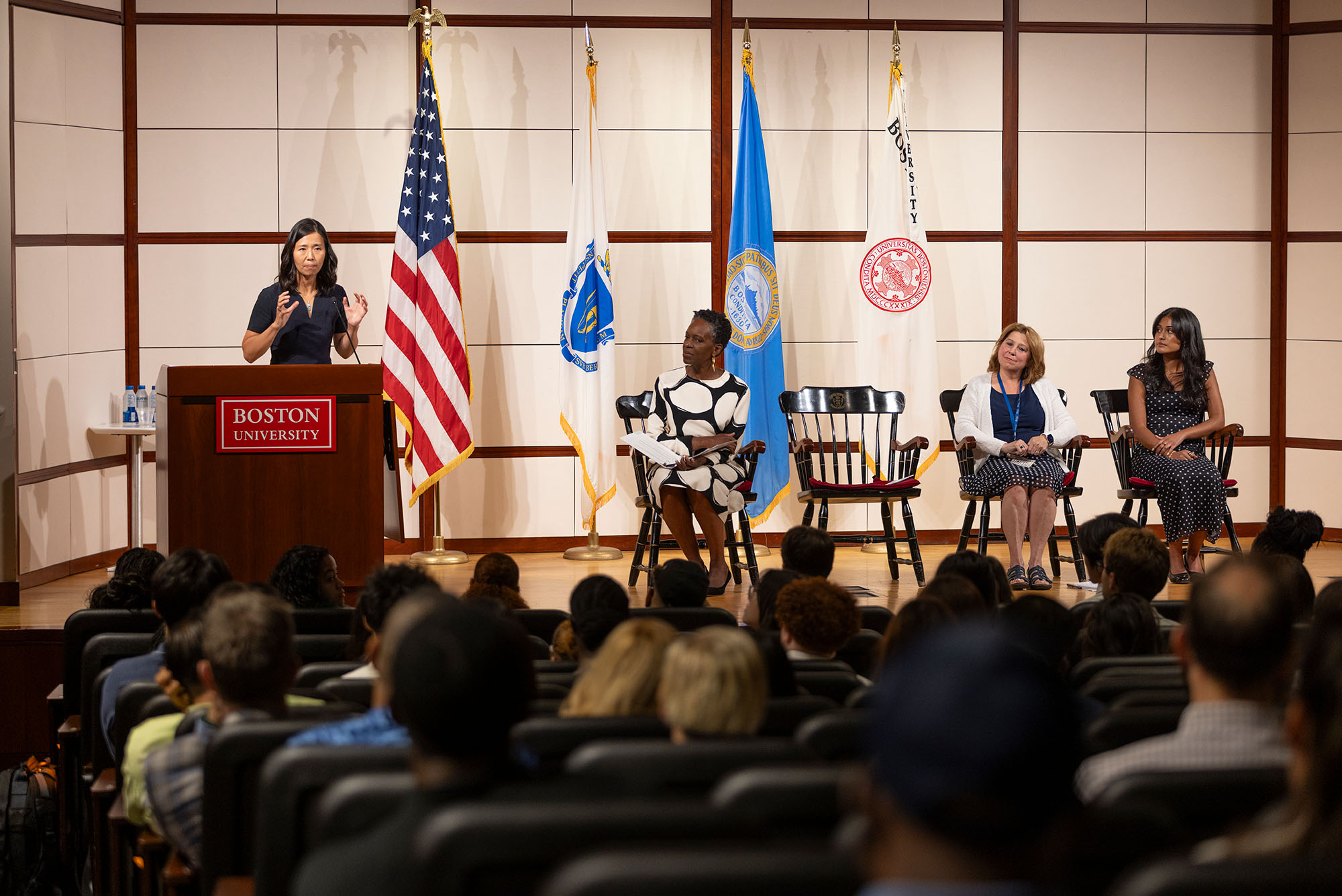 Photo: Boston's Mayor Wu on stage with BU President Melissa Gilliam and other speakers at a scholarship reception