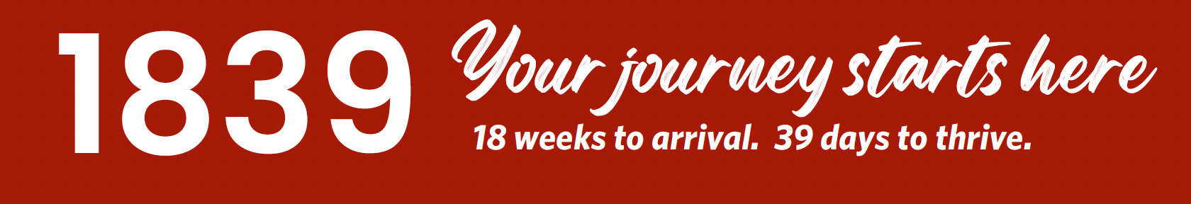 Graphic with text on red background reading "1839. Your journey starts here. 18 weeks to arrive, 39 days to thrive"