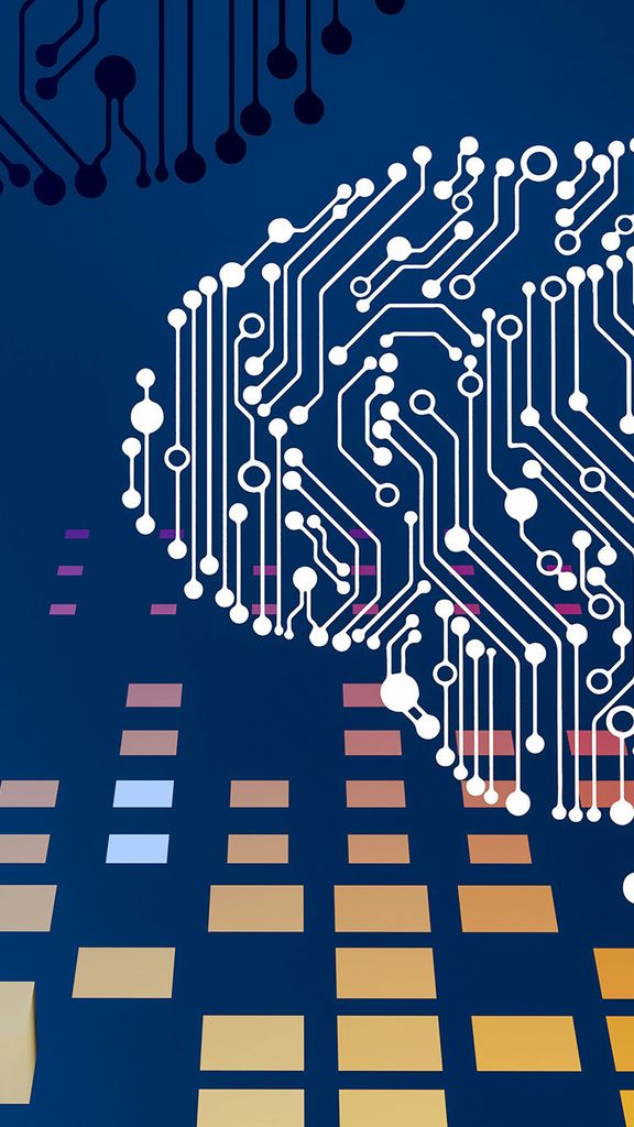 Illustration of a digital brain with blue and white colors