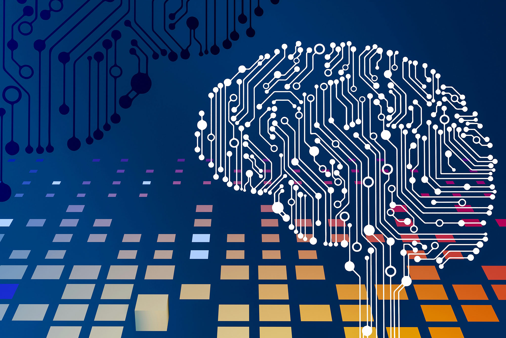 Illustration of a digital brain with blue and white colors
