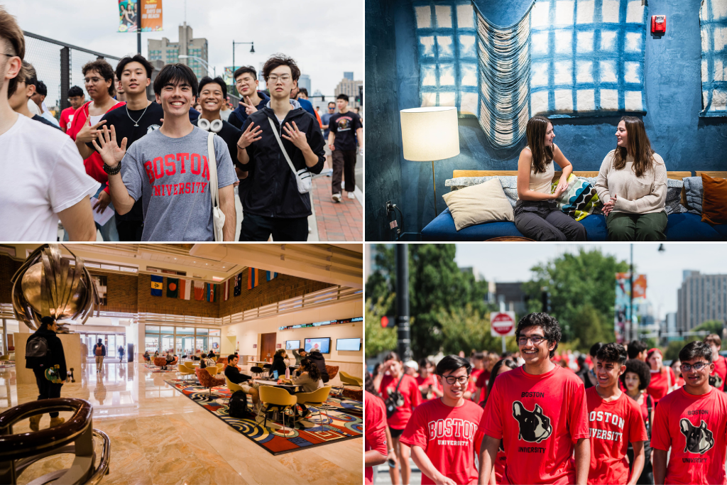 A collage of four scenes from Boston University campus life: Top left, a group of students walking outdoors with one student wearing a "Boston University" t-shirt; top right, two people converse while seated on a blue couch against a blue wall decorated with a patterned tapestry and a floor lamp; bottom left, an indoor lounge area with modern furniture, international flags, and students sitting at tables in front of a large metallic sculpture; bottom right, a crowd of students dressed in matching Boston University t-shirts participate in an outdoor event, surrounded by city buildings and greenery.