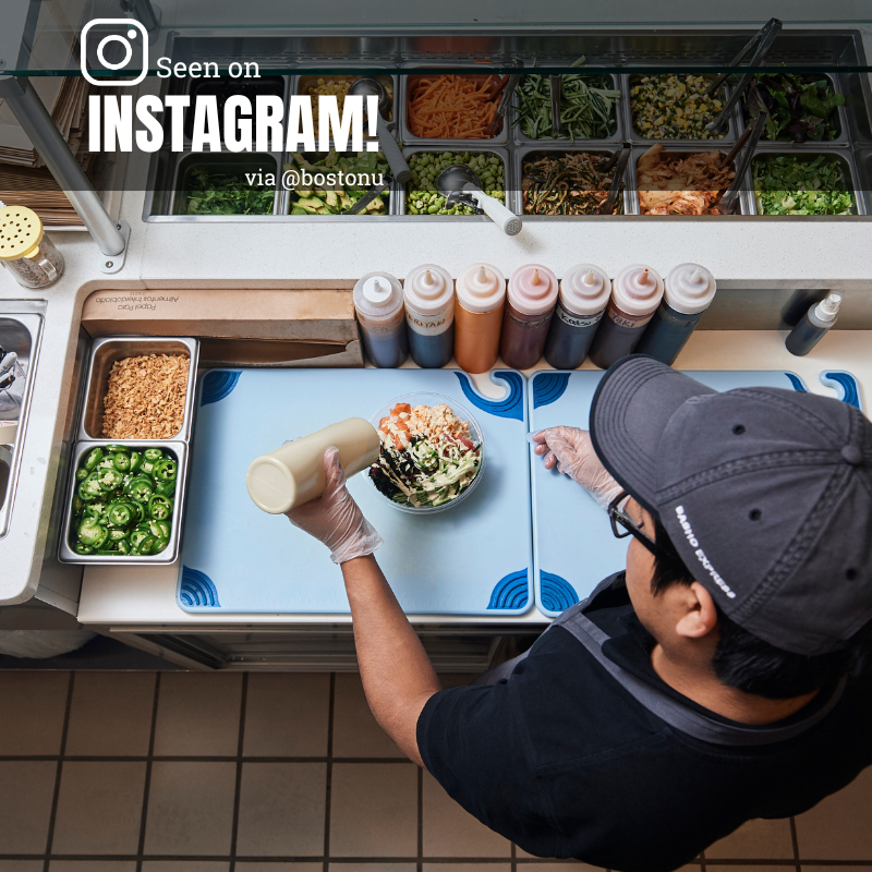 Photo: A picture of someone crafting a salad bowl in dining services. Text overlay reads "Seen on Instagram! via @bostonu"