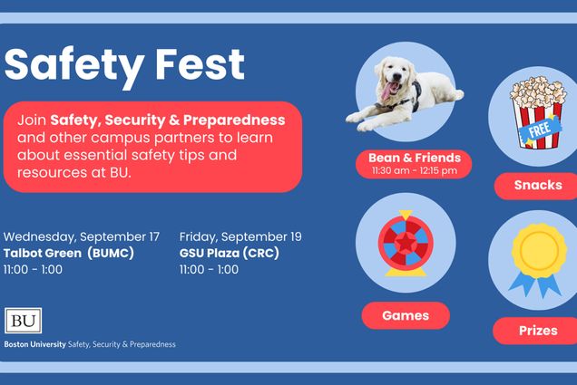 Photo: A poster for BU's Safety Fest, featuring bubbles highlighting Bean (BU's comfort dog), snacks, games, and prizes