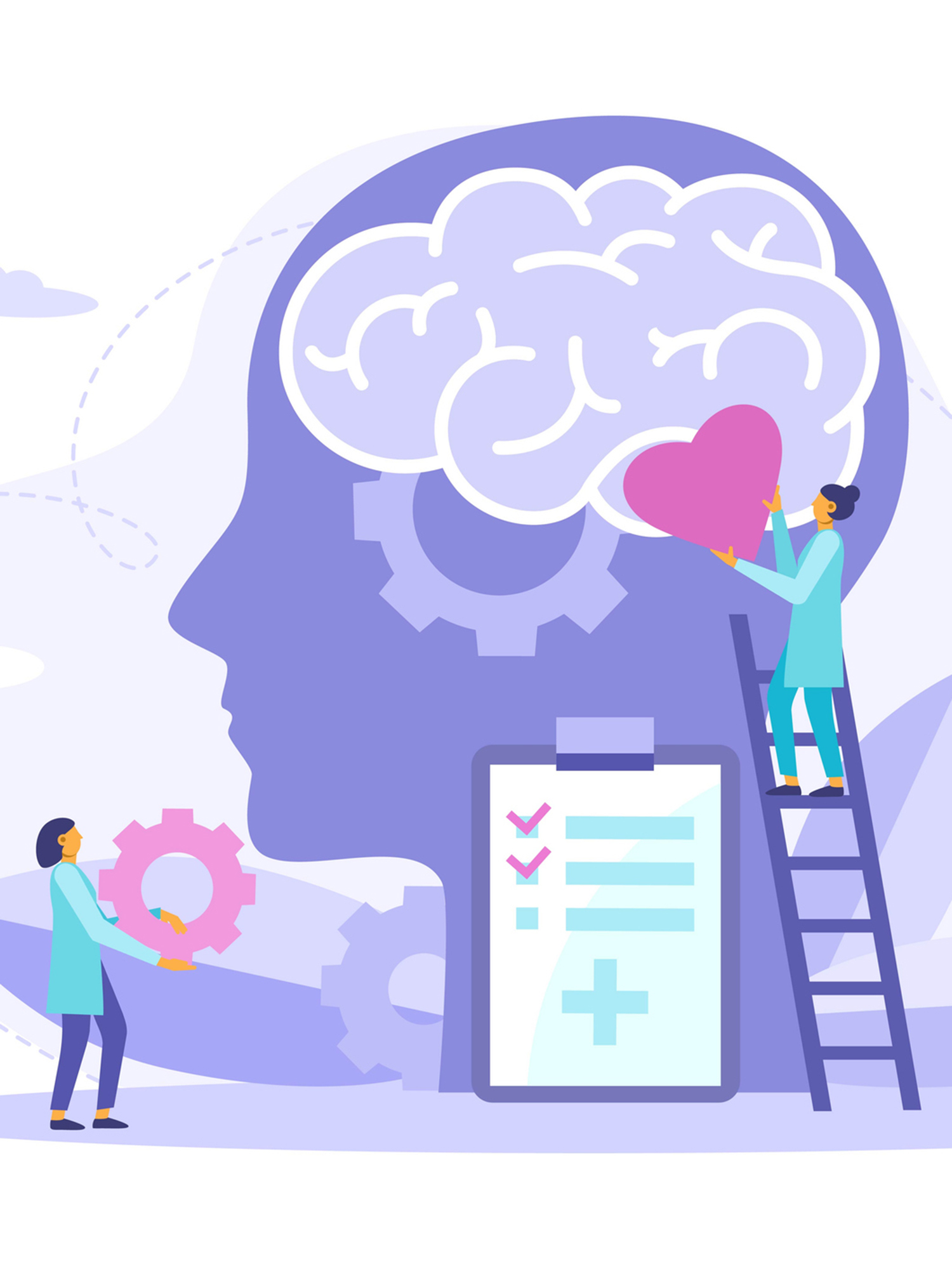 Photo: A stock illustration of a purple brain with people putting hearts into it