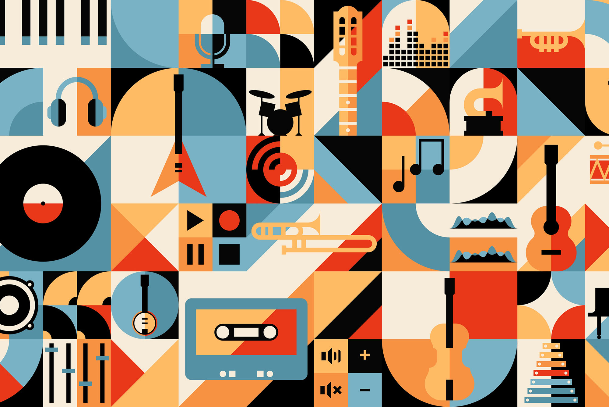 Image: An abstract retro music digital image with red, blue, yellow color scheme.