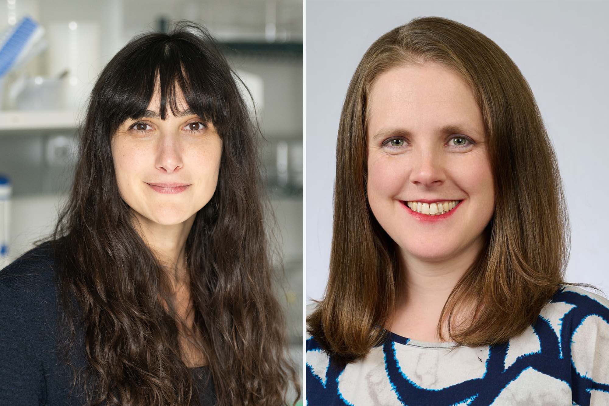 Photo: Two white woman in a college photo. On the left, a woman wearing a green shirt with long brown hair wearing a green blouse. On the right, a white woman with short brown hair in a portrait style shot.