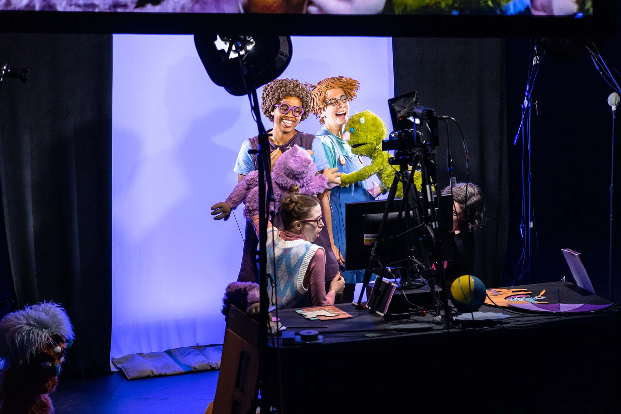 Photo: Three characters in Leonardo! Wheelock Theater production.