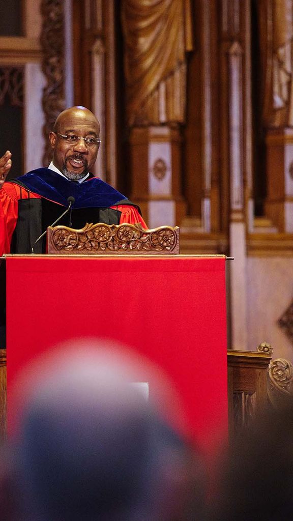 Photo: GA U.S. Senator Rev. Raphael Warnock preaches to a crowd at BU's Marsh Chapel's 75th anniversary.
