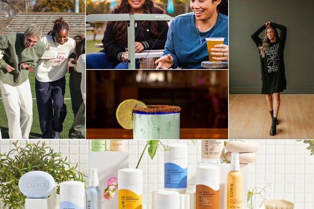 A collage featuring various images: a group of three people enjoying time on a sports field, one wearing a green sweatshirt and the others dressed in white and navy apparel; a close-up of a table scene featuring two people chatting and holding drinks; a single blue-green cocktail garnished with a lime slice and a chili salt rim, set against a blurred background; a person in a black oversized graphic sweater and black boots posing indoors on a wooden floor; and an arrangement of CURIE skincare products, including deodorants, lotions, and creams, displayed attractively against a minimal, nature-inspired background.