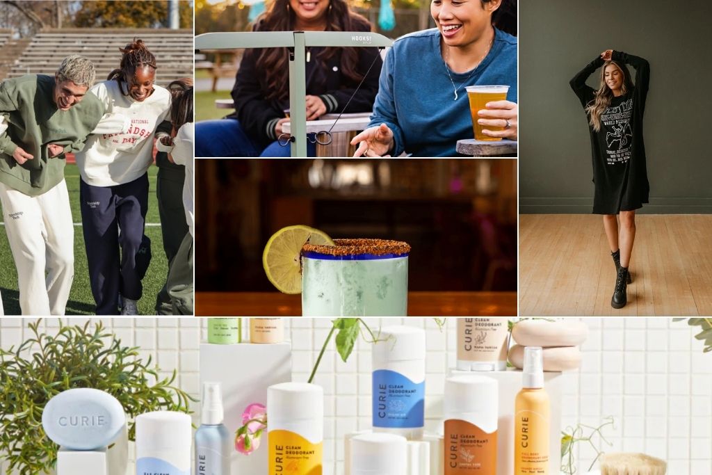 A collage featuring various images: a group of three people enjoying time on a sports field, one wearing a green sweatshirt and the others dressed in white and navy apparel; a close-up of a table scene featuring two people chatting and holding drinks; a single blue-green cocktail garnished with a lime slice and a chili salt rim, set against a blurred background; a person in a black oversized graphic sweater and black boots posing indoors on a wooden floor; and an arrangement of CURIE skincare products, including deodorants, lotions, and creams, displayed attractively against a minimal, nature-inspired background.