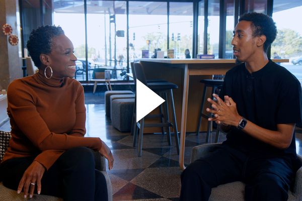 Photo: Boston University President Melissa Gilliam (left) and first-year student Angel Wiley sitting and talking