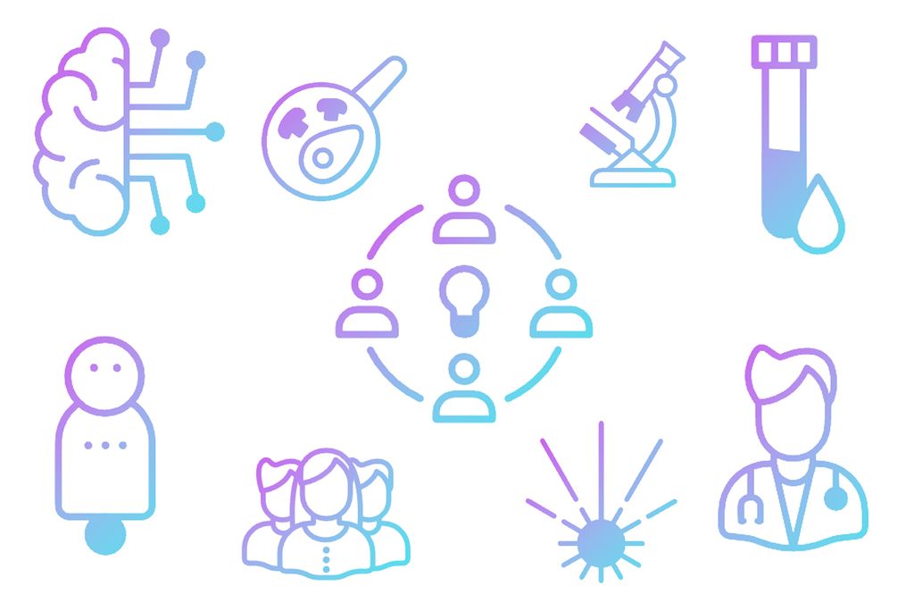 Illustrations of various things including a microscope, test tube, robot, brain, and doctor