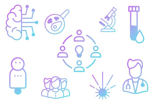 Illustrations of various things including a microscope, test tube, robot, brain, and doctor
