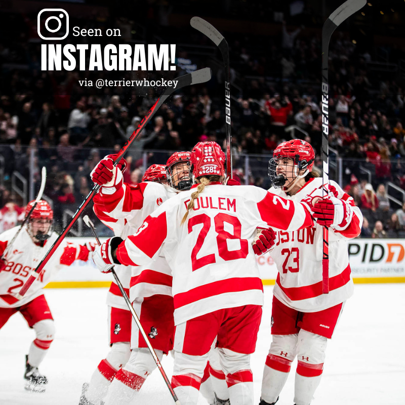 Photo: BU women's hockey team on the ice celebrating. Text overlay reads "Seen on Instagram! via @terrierwhockey"