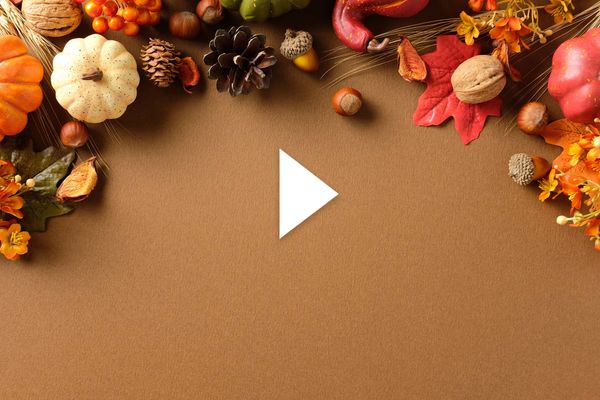 Photo: Brown background with a border of autumnal harvest objects like pumpkins, pinecones, wheat, and acorns