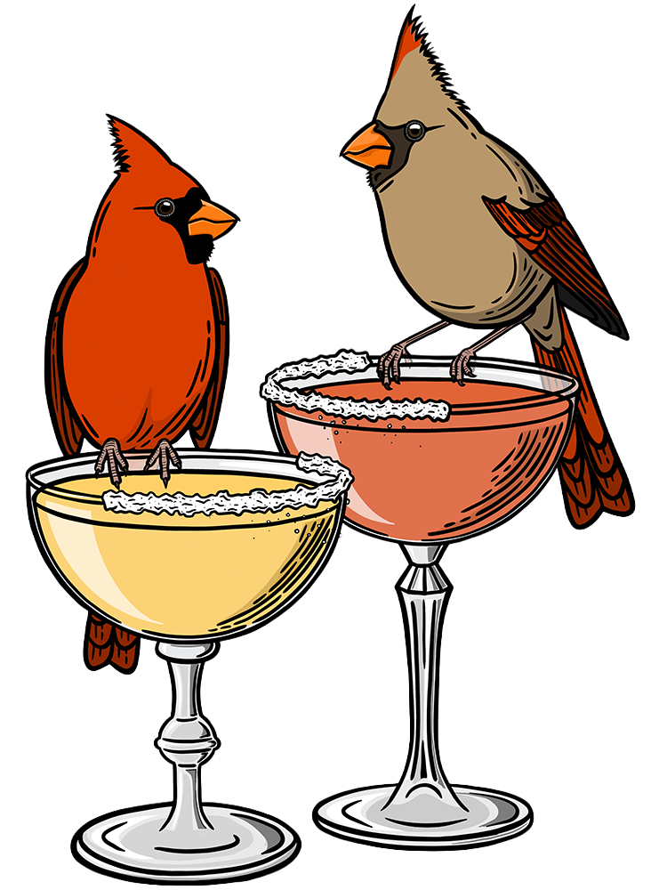 Illustration of cardinals on drink glasses