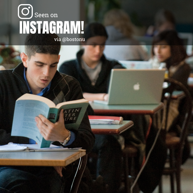 Photo: Students with open books. Text overlay reads "Seen on Instagram! via @bostonu"