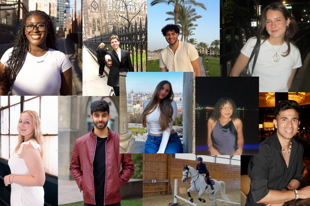 Image: A collage featuring eleven individuals in various locations and outfits: a person in a white shirt with long braids stands in an urban alley; a person in business attire holds coffee near an iron fence with a Gothic-style building in the background; a person wearing a cream short-sleeve shirt stands outside with palm trees behind them; a person in a white t-shirt stands by a dark railing at night; a person in a white dress stands by a window with frosted panes; a person in a red jacket stands outdoors in front of a stone building; a person with long hair sits on a ledge overlooking a cityscape; a person in a navy sleeveless top stands in front of water at night with city lights behind; a person in a black shirt sits at a restaurant table with warm lighting; and an individual rides a white horse inside an arena, jumping over a fence.
