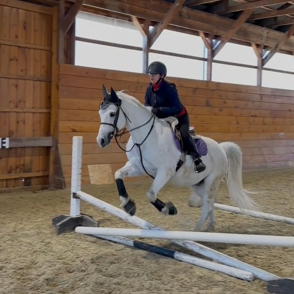 Photo: A person is riding a white horse indoors, mid-jump over a low obstacle. The rider is wearing a helmet, gloves, a navy jacket, and tall black riding boots. The arena is built with wooden walls and large windows.