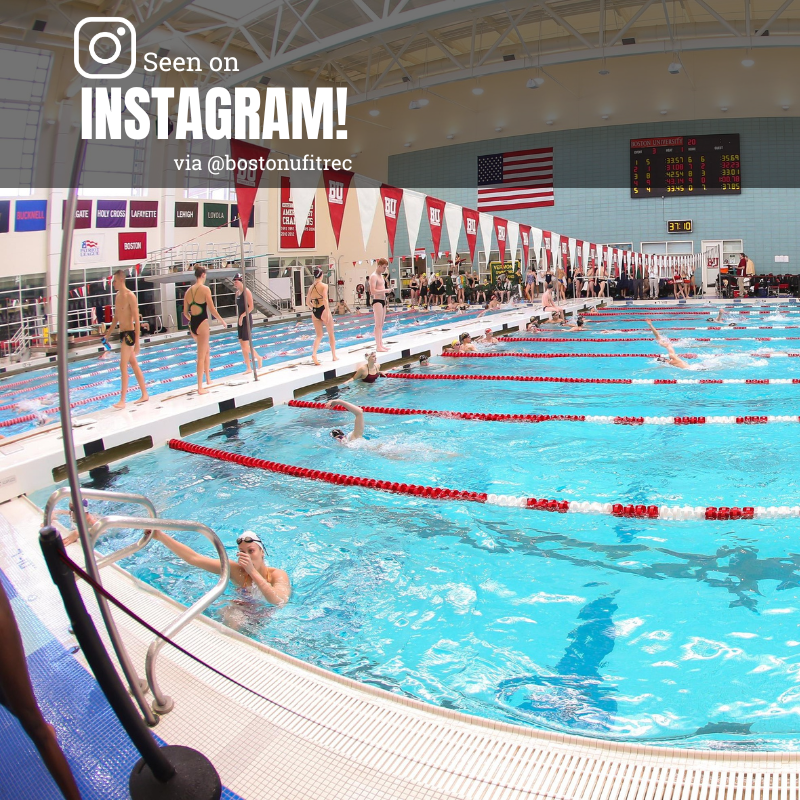 Photo: FitRec pool. Text overlay reads "Seen on instagram via @bostonufitrec"