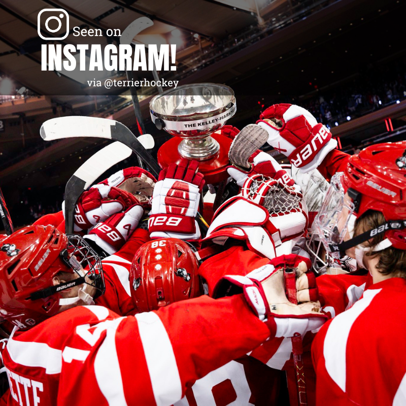 Photo: BU Men's hockey team celebrates after a win. Text reads "Seen on Instagram via @terrierhockey"